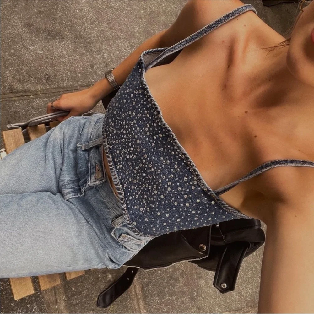 ZARA Rhinestone denim crop top 0653/273 - Picture 2 of 16